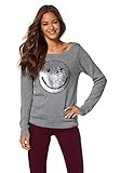 AJC Damen Strick Rundhals Pullover Glitzer Pailletten Smiley Grau 36/38