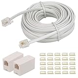 Telephone extension cable, 25 feet, telephone line coupler, SHONCO RJ11 6P4C telephone cable, line wire and 2-pack inline coupler, 25-pack cable clamp holder, (white)