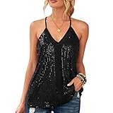 DOMBX Damen Nachtclub Party Camisole Tanktop Sexy Ärmellos Tiefer V-Ausschnitt Schimmernde Pailletten Lose Spaghetti Strap Weste Unterhemd Bauchfrei Frauen Träger Rückenfrei Coole T-Shirt Crop B
