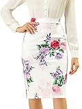 Allegra K Damen Floral Elastischer Bund Figurbetonter Bleistiftrock mit Rückenschlitz, weiß, 34