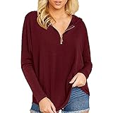 Top Bluse T-Shirt Damen Casual Einfarbig Shirts Langarm T-Shirts Lose V-Ausschnitt Bluse (XL,2wein)