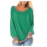 Women's Long-Sleeved Casual Loose Crew Neck Colour Block Pullover Tops(Green, L)