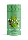 Yasashi Bio Tee Bio Grüner Tee Genmaicha & Zitronengras Leicht karamellig zitrisch verfeinert 100% natürliche Zutaten 100% Bio Qualität 100% recyclefähige Verpackung 16 Pyramidenbeutel x 1,75g