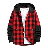 Herren Hemd Kariert Freizeithemd mit Kapuze Herbst Winter Schwarz und rot Kariert Spleißen Langarm Streetwear Relaxed Fit Classic Karohemd Jacke Hoodie Übergangsjacke Button Down Plaid Hemdjack