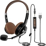 PC Headset mit mikrofon, USB/3,5mm Klinke PC Kopfhörer mit Noise Cancelling Mikrofon & Lautstärkeregler für Call Center, Skype, Office, Telefonkonferenzen, Online-Kurse und Musik, Leicht & Komfortab