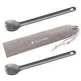 Navaris 2in1 Titan Camping Besteck lang 2er Set - 2X extra Langer Outdoor Göffel Spork - Löffel Gabel inkl. Tasche - Essbesteck Kombi - Reisebesteck