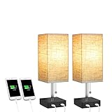 Glighone Nachttischlampe mit 2 USB Anschluss, E27, Modern Nachttische Tischlampe Tischleuchte mit Stoff Lampeschirm Vintage Stehlampe Nachtlicht für Schlafzimmer, Wohnzimmer, Hotel, Café, 2 Stück