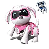 RCTecnic Roboterhund für Kinder Rock Puppy Interaktives Spielzeug mit Emotionen und Bewegung, Bellen und Spielen mit Knochen, Akku und USB-Kabel (Rosa)