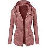 Blingko Damen Lederjacke Winter Mantel Einfarbige Übergangsjacke Kurze Outdoorjacke Leicht Gemütliche Parka mit Einstellbarer Kordelzug Motorrad Lederblusen Modische Outw