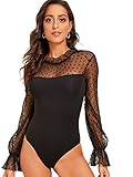 DIDK Damen Netz Bodysuit Stehkragen Langarm Body mit Rüschen Elegant Bodys Shirts Langarm Top Schwarz L