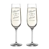 AMAVEL 2er Set Sektglas mit Gravur zur Hochzeit, Herzen, Personalisiert mit Namen und Datum, Sekttuplen, Füllmenge: ca. 0,2
