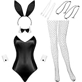 Geyoga Hase Kostüm Frauen Dessous und Schwänze Bodysuit Kaninchen Outfit Set für Halloween Weihnachten Kostüm Cosplay Party (L, Weiß und Schwarz)