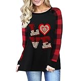 Xmiral Damen Valentinstag Langarmshirt Love Drucken Raglanärmel Bluse Rundhals Karo Langarm Oberteil (19 Schwarz, M)