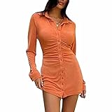 Hemdkleid für Frauen Y2K Kurzarm Reverskleid Geraffte Button-Down-Volltonfarbe Slim Fit Wrap Kurzes Kleid Polo Neck Wrap Hemdkleid Sexy Bodycon Kleider Lässige B