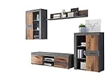 lifestyle4living Anbauwand in Old Wood Vintage-Dekor und Betonoptik, Moderne Wohnwand mit Hängevitrine, Wandboard, TV-Lowboard und Vitrine, 290