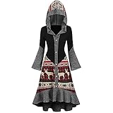 Unregelmäßig Weihnachten Umhangkleid Damen Trompetenärmel mit Volant Saum Kapuze Weihnachtskleid Rentier Drucken Weihnachts Cape Kleider mit Knopfleiste Hirschmuster Christmas Dress Cosplay Kostü