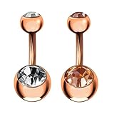 Treuheld® | BAUCHNABELPIERCING in Rosegold mit 2 Kristallen - 2 Farben: Durchsichtig & Pfirsich - Piercing Banane Curved Barbell in Rose Gold - Kugeln zum Schrauben - 1,6 x 8