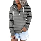 yiouyisheng Hoodie Damen Knopfleiste Kapuzenpullover Streifen Drucken Sweatshirt mit Kapuze Pullover Langarmshirt Hoodies Button Down Long Sleeve Hooded Sweatshirts Teen Girls Herbst Top
