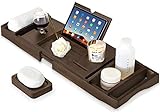 eletecpro Badewannenablage Bambus Verstellbar Badewannenbretter 75-110cm Badewannetablett mit Bücher oder Tablets Halter 2X Handtuch Boxen, 1x Seifenhalter, Tablett für Baden Organizer (Braun)