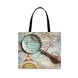 XiangHeFu Lässige Handtasche Wiederverwendbare Einkaufstasche Lupe Suche Antike Weltkarte Lupe Arbeitsmode Große Kap