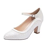 Elegantpark HC1928 Blockasbtz Hochzeit Bequem Hoch Pumps Mary Jane Satin Lace Hochzeitsschuhe Brautschuhe Ivory Gr.39