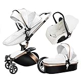 Travel System Kinderwagen 360 Drehfunktion Kinderwagen Kinderwagen Pu Leder Falt- Und Tragbare, Babybett Mit Matratze Bei Der Geburt, Großer Einkaufskorb,Weiß