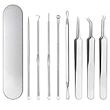 Mitesserentferner Komedonenquetscher, 8 Pcs Pinzette Zupfen Kit Akne Mitesser Entferner Extraktor Werkzeug Pickel Akne Blackhead Remover für Gesichtsunreinheiten mit Metall-Box für alle Hauttyp