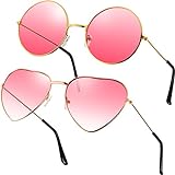 2 Paare Rosa Hippie Sonnenbrillen Retro Hippie Stil Sonnenbrillen Hippie Kostüm Sonnenbrillen Herren Damen Brillen (Rund und Herz Form)