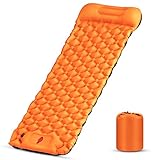 Karvipark Isomatte Camping Selbstaufblasbare, Ultraleichte Luftmatratze mit Kopfkissen, Faltbar Leicht Kleines Packmaß, Wasserdicht Schlafmatte für Outdoor, Reise, Wandern, Strand (Orange Navyblau)