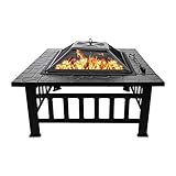 Feuerschale, Feuerstelle mit Grillrost,Garten Feuerkorb für Heizung/BBQ, Schürhaken & Schutzgitter,Fire Pit & Grill mit Ablagefach,für Camping Hof Garten Terrasse (81CM-Quadratischer Feuerschale)