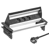 Elbe Inno versenkbare Tischsteckdose mit 2xUSB, Steckdosenleiste mit USB Buchse, Einbausteckdose aus Alulegierung, Mehrfachsteckdose, Kindersicherung, 1,5m Kabel, für Büro, Werkstatt, Kü