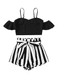 DIDK Damen Shorts und Top Sets 2 Piece Bauchfrei Tops Cold Scholder Trägershirt Kurze Hose Kombi 2-Teiler Sommer-Outfit Gestreift Schwarz XS