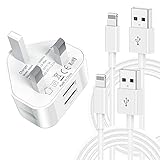 iPhone-Ladestecker und -kabel, MFi-zertifiziert, 2 Stück, 1 m, Lightning-Kabel und USB-Wandladung, Apple iPhone Fast UK 2-Port USB-Adapter für Apple iPhone 12/11/XR/X/Xs Max/8/7/6/6s Plus/SE/5c/