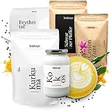 Kurkuma Latte Set über 100 Portionen | Mit Kurkuma, Kokosöl, Schwarzer Pfeffer, Zimt, Erythritol | Großpackung (2325g)