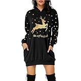 WWricotta Weihnachtskleid Hoodiekleider Damen Lang Mit Pailletten Weihnachtselch Rentier Elch Druck Hoodie Kleid Herbst Winter Langarm Pullover Kleid Weihnachtspullover Sweatshirt Kapuzenp