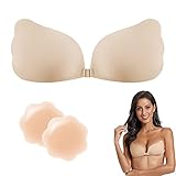 TOFBS Klebe BH, Trägerloser BH, Push-up BH, Unsichtbar Silikon Selbstklebend BH, Wiederverwendbarer und Atmungsaktiver, für Rückenfreies Kleid, Abendkleider, Brautkleider (Beige,B)