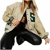 UKKO Baseball Jacke Frühling Und Herbst Baseball Uniform Bomberjacke Für Frauen Mode Retro Kleidung Streetwear Übergroßer Mantel-B,S