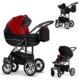 16 teiliges Qualitäts-Reisesystem 3 in 1'COSMO-ECO' - KUNSTLEDER: Kinderwagen + Buggy + Autokindersitz + Schwenkräder - Mega-Ausstattung - in Farbe (CE-10) SCHWARZ-ROT KUNSTLEDER-SCHWARZ