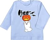 Halloween Baby - Boo Geist mit Kürbis - 12/18 Monate - Babyblau - Geist - BZ11 - Baby T-Shirt Lang