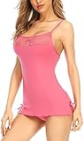 ADOME Damen Sexy Dessous Set Babydoll Chemise Nachtkleid Spitze Splice Nachtwäsche mit G-String Gr. S,