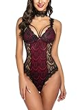 ADOME Damen Dessous Crotch Snap Teddy Bodysuit Sexy Wimpern Spitze Einteilige Bodys mit H