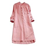 VEMOW Heißer Elegante Damen Frauen Retro Langarm Casual Lose Täglichen Party Tunika Taste Tops Bluse Mini Shirt Kleid(Y1-Rosa, 46 DE / 2XL CN)