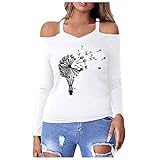 Langarmshirt Damen Elegant Schulterfreies Oberteile Löwenzahn-Druck Sweatshirt Schwarz T-Shirts Casual Mode Langarm Shirt Bluse Tops Tunika Herbst Winter Streetwear L