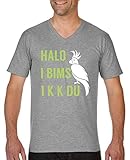 Comedy Shirts - Halo I Bims 1 K K Du - Herren V-Neck T-Shirt - Graumeliert/Hellgrün-Weiss Gr. M