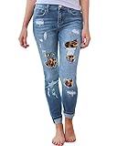 HONGBI Color Block Damen Jeans Leopard Gedruckt Mittlerer Taille Slim Leggings Röhrenjeans Bleistifthose mit Löchern Flicken Jeans Patchwork Damen Pants Hellblau XL