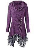 JIER Damen Lange UnregelmäßIg Rollkragen Minikleid Loose Fit T-Shirt Lange Unregelmäßiges Spitze Langarmshirt Rundhals A-Linie Vintage Blusen Gothic Gedruckt Lange Hemden (Lila,XXX-Large)