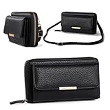 Phone Tasche Damen, Universal Handytasche Mini Handtaschen Umhängetasche Kleine Geldbörse Portemonnaie Leder Schultertasche Frauen Mädchen für Einkaufen Anfragen Reisen + Katloo Nagelknipser (Schwarz)
