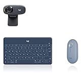 Logitech M350 Pebble Kabellose Maus, Bluetooth und 2.4 GHz Verbindung - Blau + Logitech Keys-to-Go Kabellose Tablet-Tastatur Deutsches QWERTZ-Layout - Schwarz + Logitech C310 Web