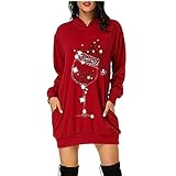 ZXSDF Weihnachtskleid Damen Xmas Langarm Casual Hoodies Sweatshirt Rotweinglas Drucken Kapuzenpullover Longshirt Tunika Kleid Partykleid Frauen Weihnachtsmotiv Minik