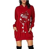 ZXSDF Weihnachtskleid Damen Weihnachtsmotiv Pullover Kleid Xmas Langarm Casual Hoodies Sweatshirt Minikleid Rotweinglas Drucken Kapuzenpullover Longshirt Tunika Kleid Partykleid Frauen C